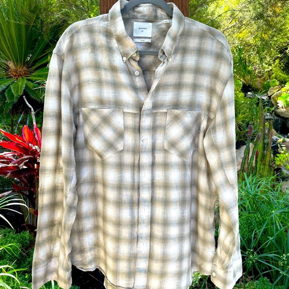 BILLY REID Men's 100% Linen Plaid Shirt - XL